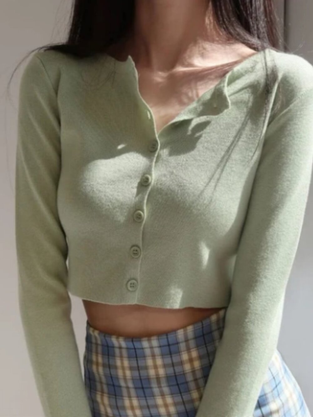Light Sage Green Cropped Button-Up Knit Cardigan